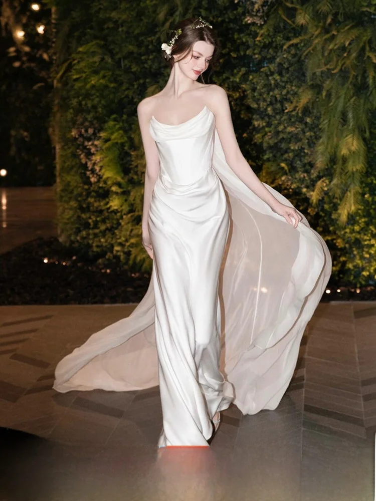 

Элегантное белое атласное свадебное платье со шлейфом для мероприятий в отелях, от китайского производителя, с длинной юбкой на молнии