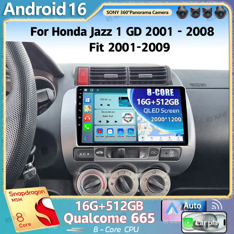 Android 16 2K QLED For Honda Jazz 1 GD 2001 - 2008 Fit 2001-2009 Car Radio Multimedia Video Player GPS Stereo CarPlay Head Unit