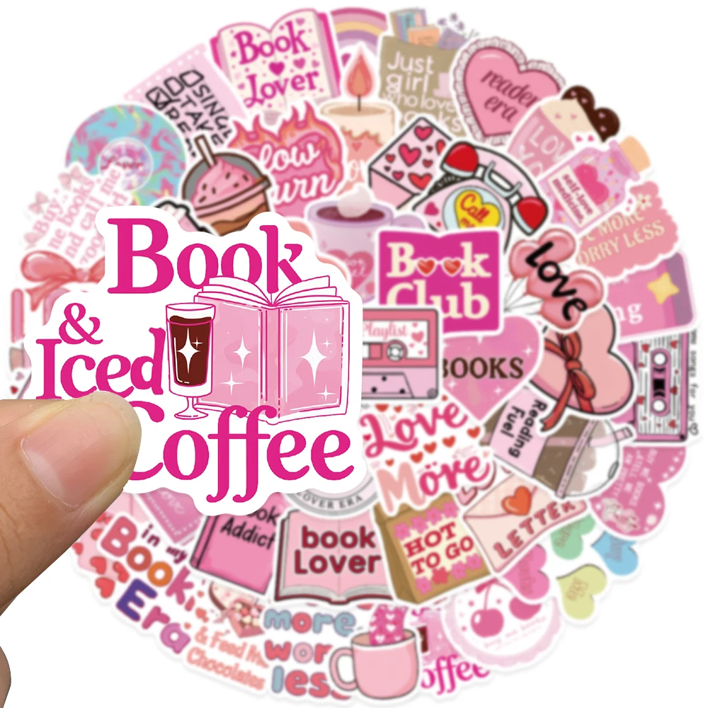 50pcs Cartoon Pink Girls Reading Book Lover Stickers For Laptop Luggage Water Bottle Scrapbook Phone Waterproof Vinyl Decals