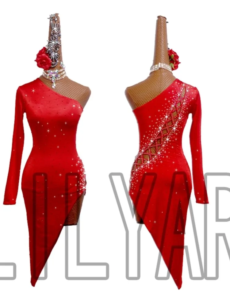 New Latin Dance Competition Suit Belt Denim Cha Cha Adult Performance Suit Dynamic Hollow Red Diagonal Shoulder