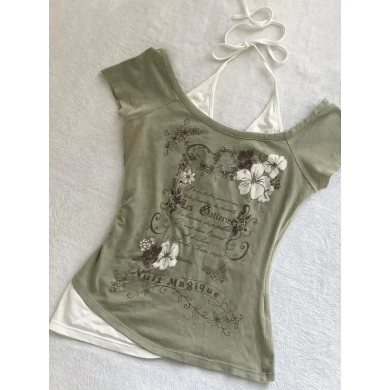 Y2k T-shirt for Women American Vintage Print Halter Neck Fake Two Summer 2025 Sweet sexy style Short Sleeved T-shirts
