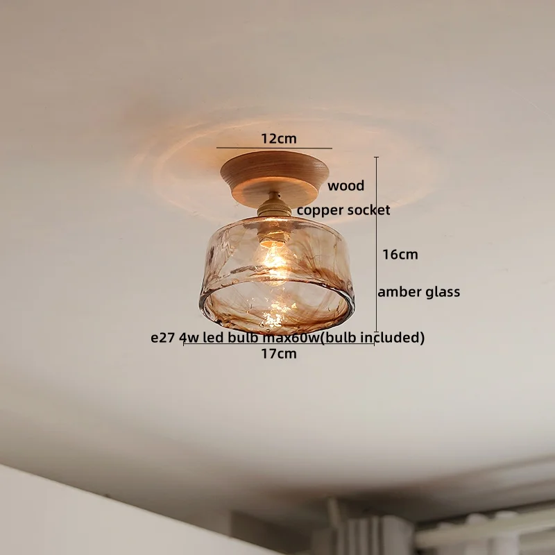 IWHD Amber Glass LED Ceiling Lights Decoration Home Lighting Porch Kitchen Restaurant Modern Ceiling Lamp Wood Copper Lustre