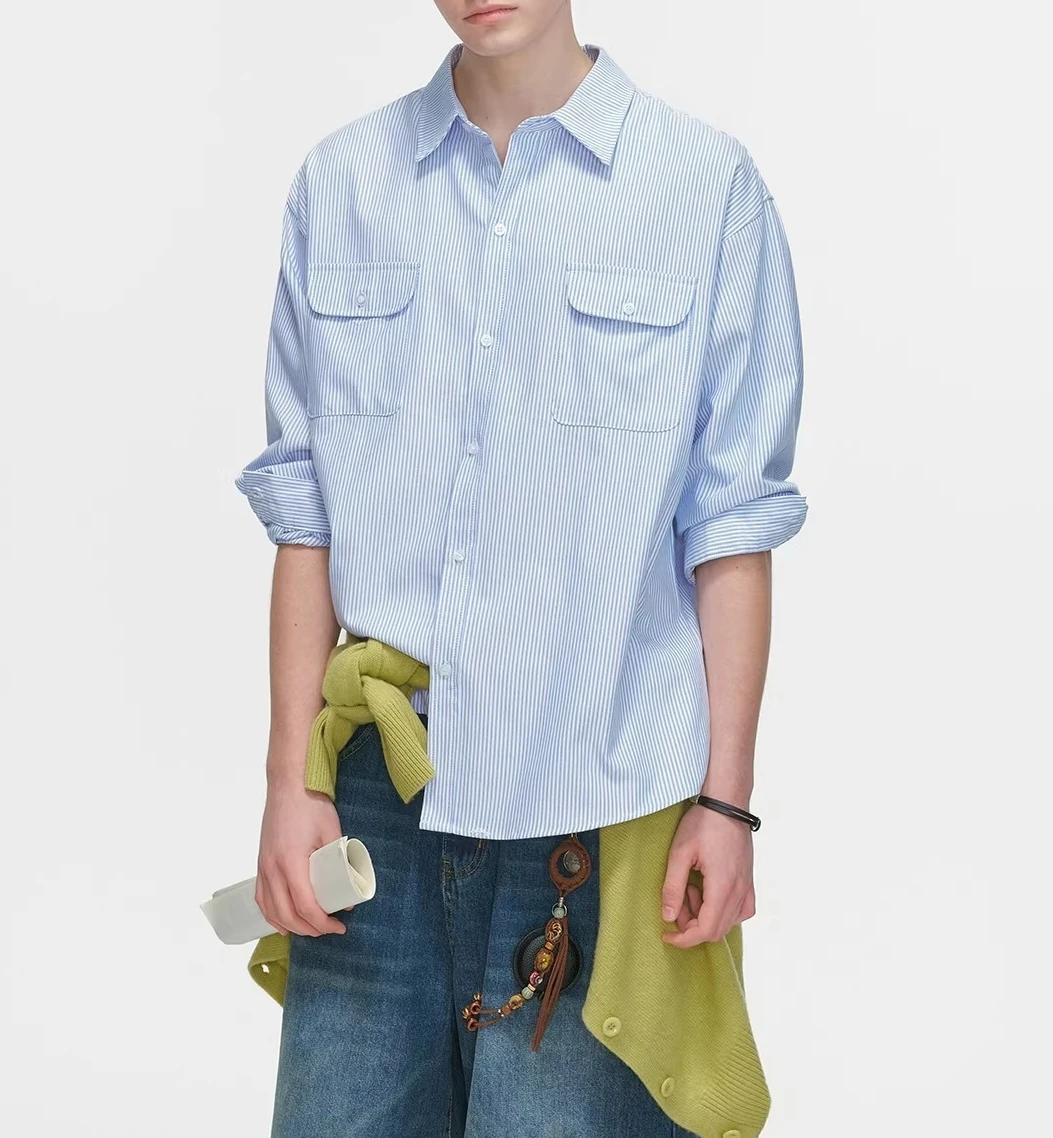 

Tooling Pocket Blue Striped Long Sleeve Shirt Men's 2026 Spring Loose Lapel Casual Shirt