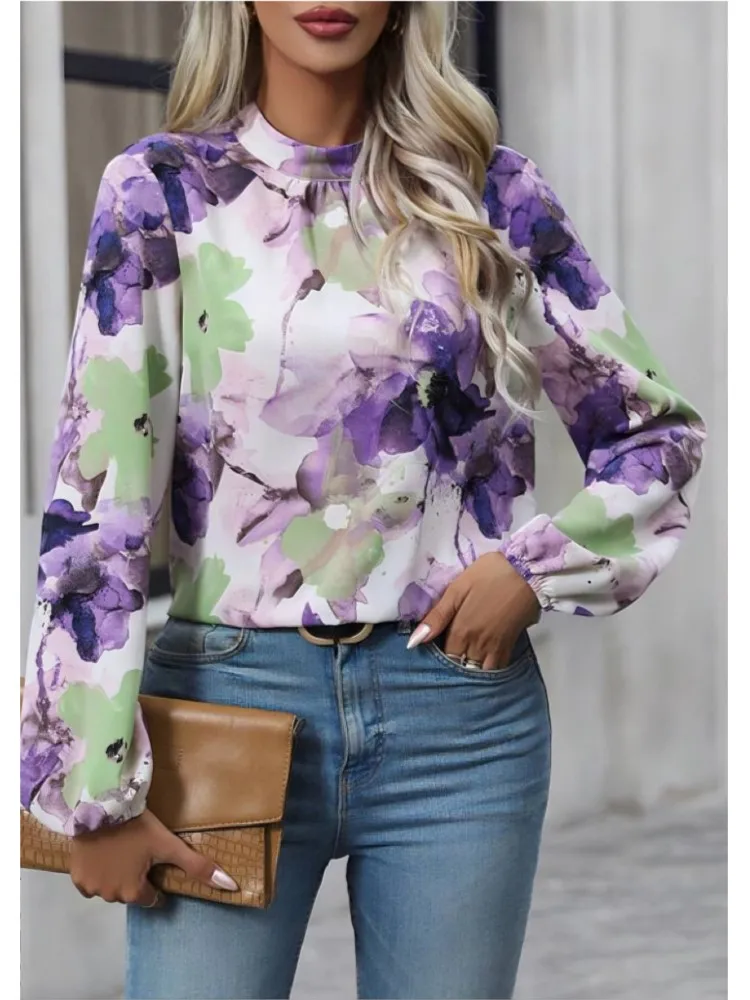 Elegant Women\'s Casual Shirts Spring Autumn New Painted Big Flower Folds Fashion Blouse Losse Pullover Top Boho Female Clothing