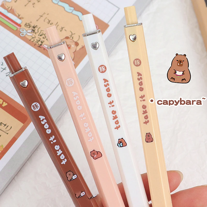 Stylo gel à séchage rapide Kawaii Cartoon Capybara, stylo à pression, étudiant, papeterie, école, fournitures de bureau, cadeaux, 4 pièces