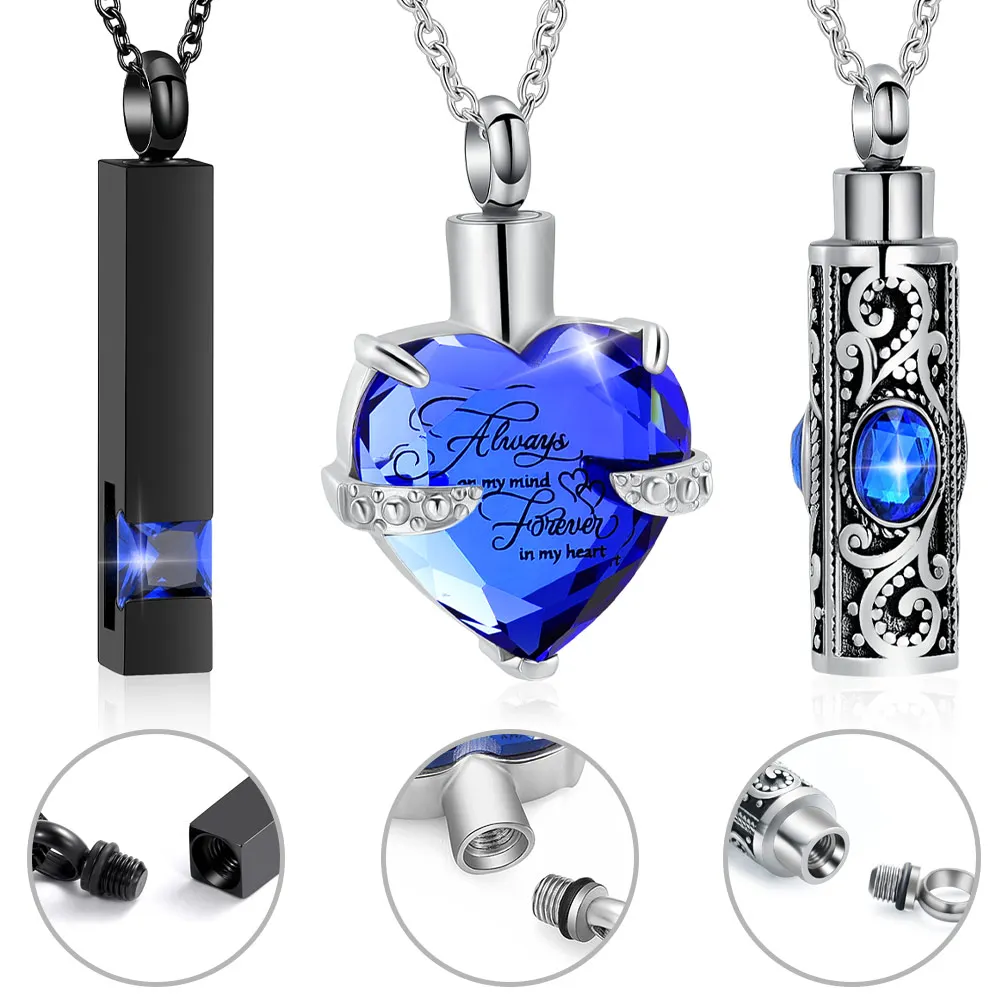 

Openable Urn Necklace Three-piece Free Engrave Long cylinder Heart Pendant Large Capacity Pet Ashes Holder Memorial Keepsake