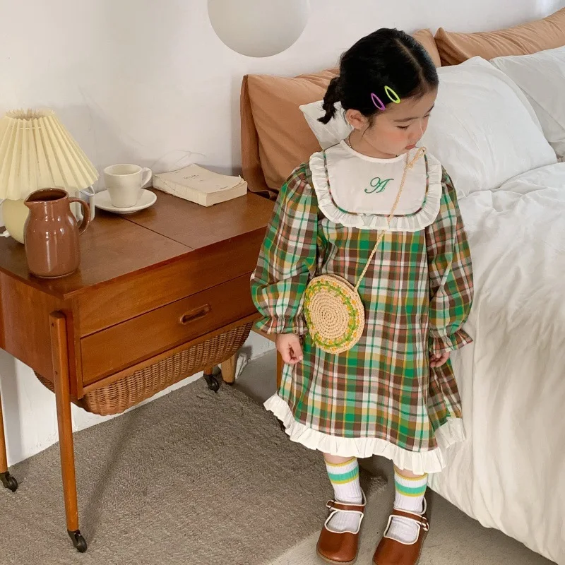 

Children's Plaid Dress Spring and Autumn New Children's Clothing Girls' Ruffled Dress Baby Girl Lace Long Dress