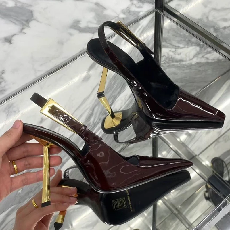 

Summer Pointed Toe Design Sandals Ladies Buckle Strap Female Pumps Slingback Metal Fine Heel Women Shoes