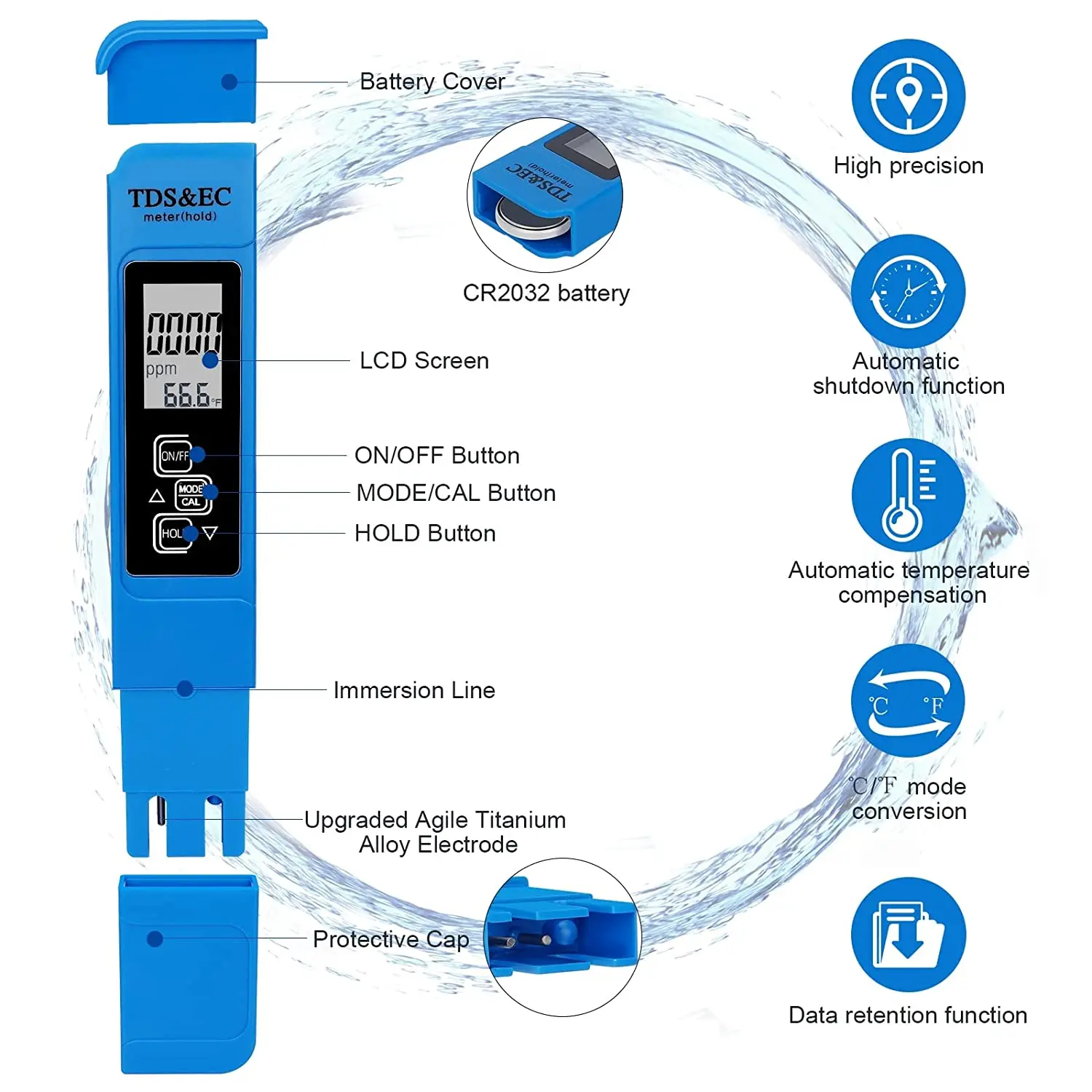 Digital Water Quality Tester TDS EC Meter Range 0-9990 Multifunctional Water Purity Temperature Meter TEMP PPM Tester for Drink