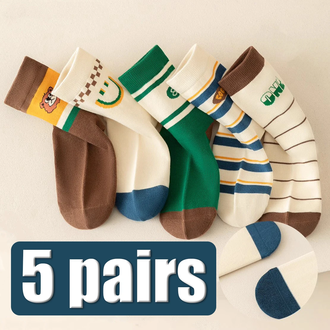 5 Paar Kinder-Kniestrümpfe für den Herbst, Cartoon-Muster, gestreift, weich, atmungsaktiv, für Jungen und Mädchen, lässiges Kindersocken-Set