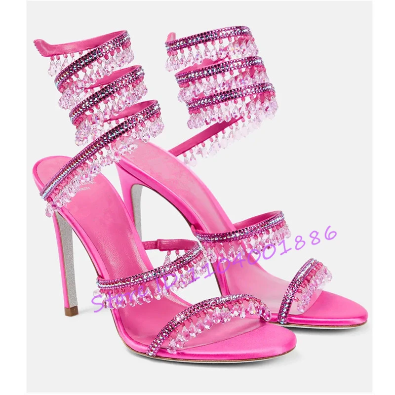 Rhinestone Snake Shape Ankle Strappy Sandals Summer Sexy Open Toe High Heels Crystal Pendant Stiletto Party Wedding Women Shoes