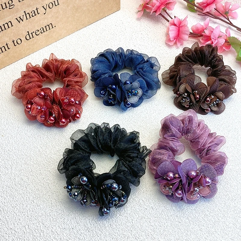 Elegant Ladies Crystal Flower Hair Rope Fashion Elastic Large Lace Hair Scrunchies Ties With Faux Pearl For Women Girls