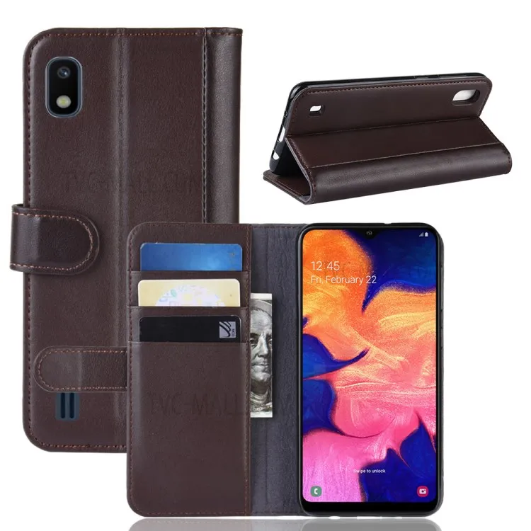 

For Samsung Galaxy A10 Phone Cases Genuine Split Leather Wallet Mobile Cover Stand - Brown