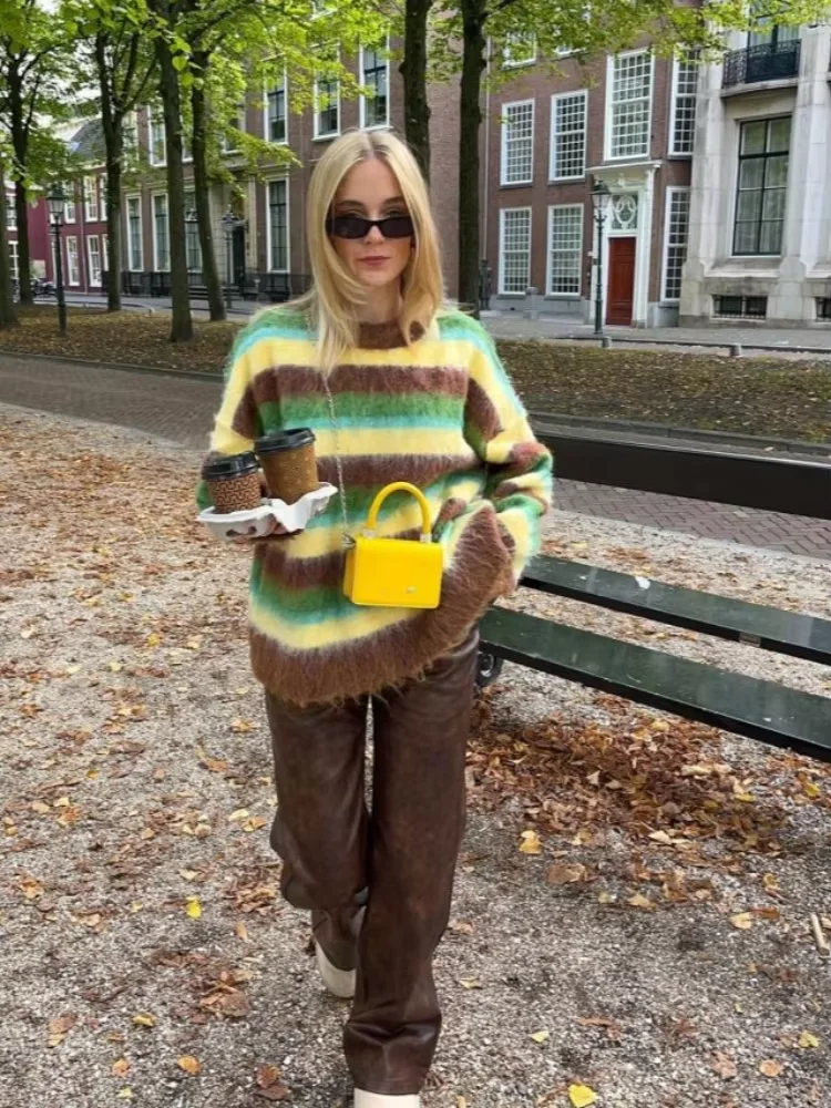 Suéteres de rayas coloridos a la moda Casual Chic 2025 Otoño Invierno traje suelto cuello redondo cálido suéter de punto estilo Maillard