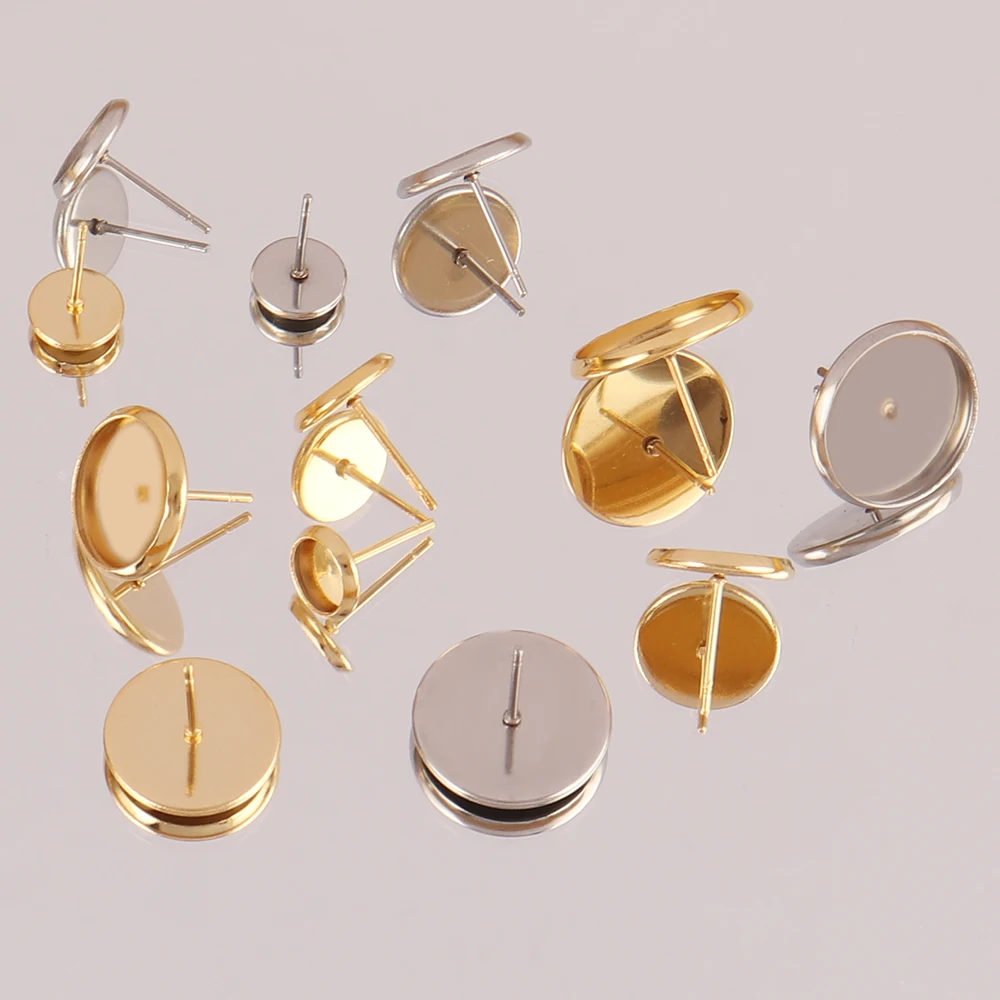 10pcs Stainless Steel Stud Earring Base Glass Cabochon Blank Base Settings Bezels Tray Round DIY Earrings Jewelry Making Finding