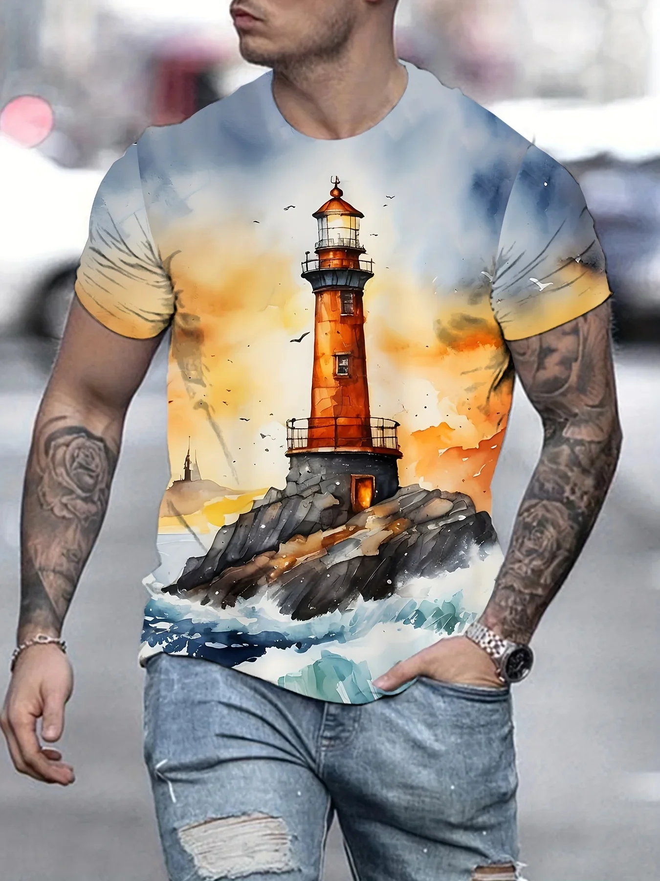 Summer men's boat fashion 3D printed short sleeved T-shirt, casual round neck T-shirt, breathable and versatile outdoor T-shirt