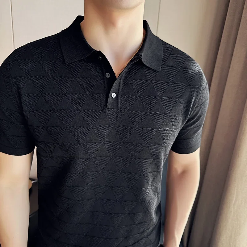 Men\'s Polo Shirt 2024 Summer New Ice Silk Thin Solid Knitted Jacquard Short Sleeve Flip Collar T-shirt Casual Men\'s Clothing