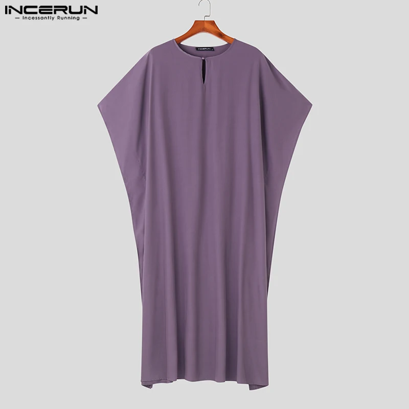 2023 erkekler müslüman jumuslim Thobe o-boyun kısa kollu katı Vintage düzensiz Kaftan erkekler İslami arapça Kaftan erkekler elbiseler S-5XL INCERUN