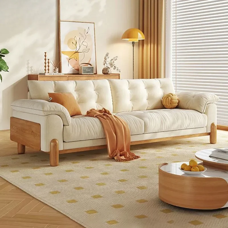 Nordic Solid Wood Fabric Sofa Japanese Minimalist Cloud Design Straight Row Couch for Small Apartment Living Room