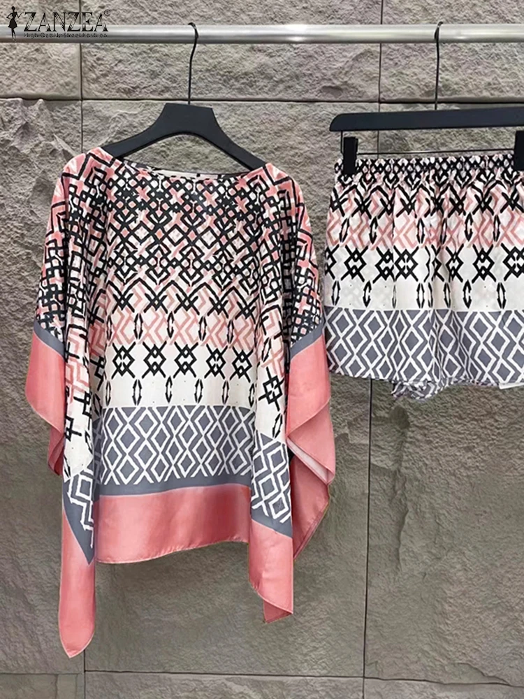

ZANZEA Women Short Sets Summer Beach Suits 2025 3/4 Bat-wing Sleeve Printed Tops Loose Shorts Elastic Waist Casual Outfits