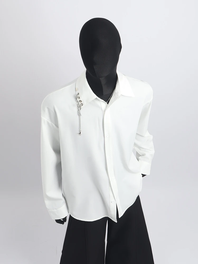 Stylish Solid Color Niche Metal Chain Design Tops Men's Long-sleeve Shirts Men's 2025 Spring Autumn New Trendy Handsome Shirts