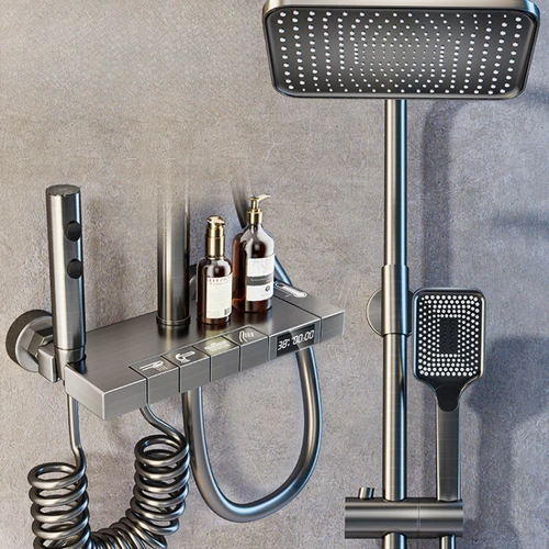 가정용 변기 욕실 디지털 디스플레이 온도 조절 샤워 건, 회색, 모든 구리 샤워 세트