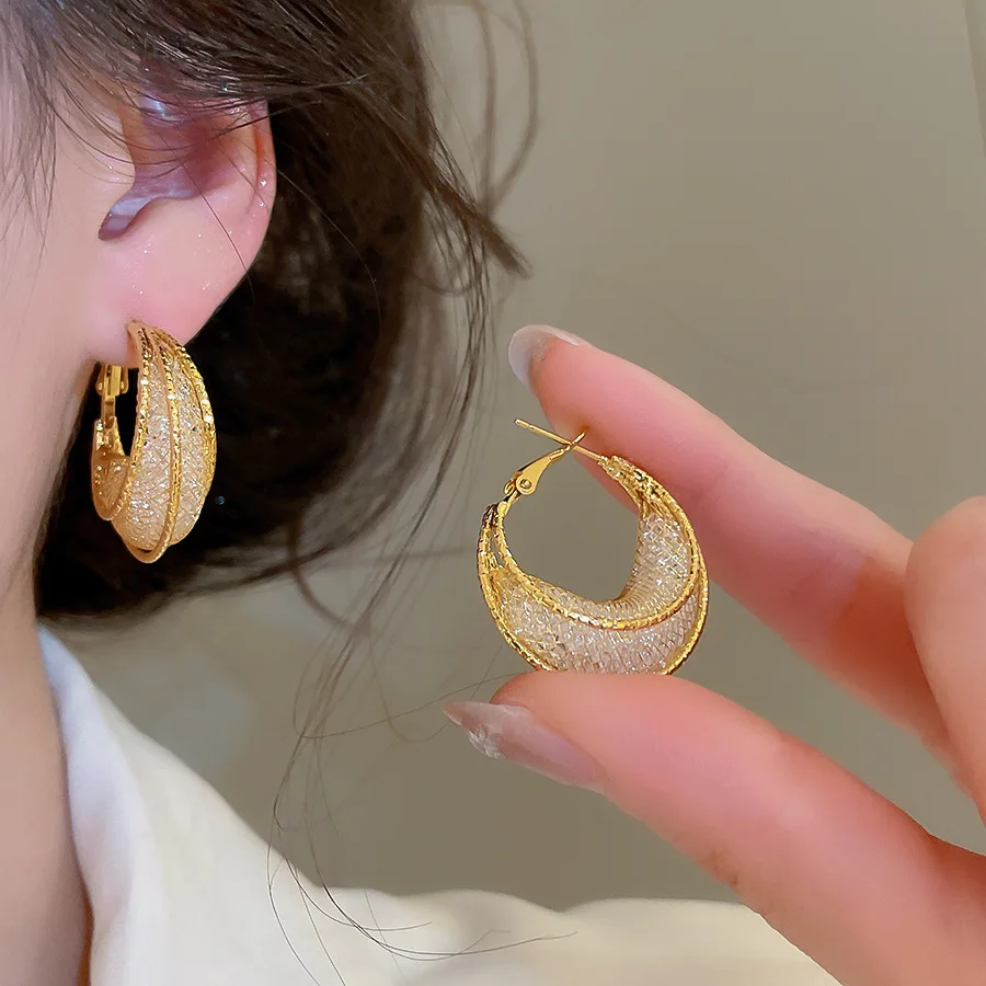

Gold Color Layered Mesh Hoop Earrings for Women Shiny Sequined C-shaped Glass Ear Buckles Luxury Punk Party Daily Jewelry