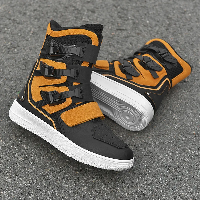 

Men's Retro Motorcycle Boots High Top Windproof Off-Road Rally Protective Moto Boots Adjustable Biker Shoes for Cruiser Travel