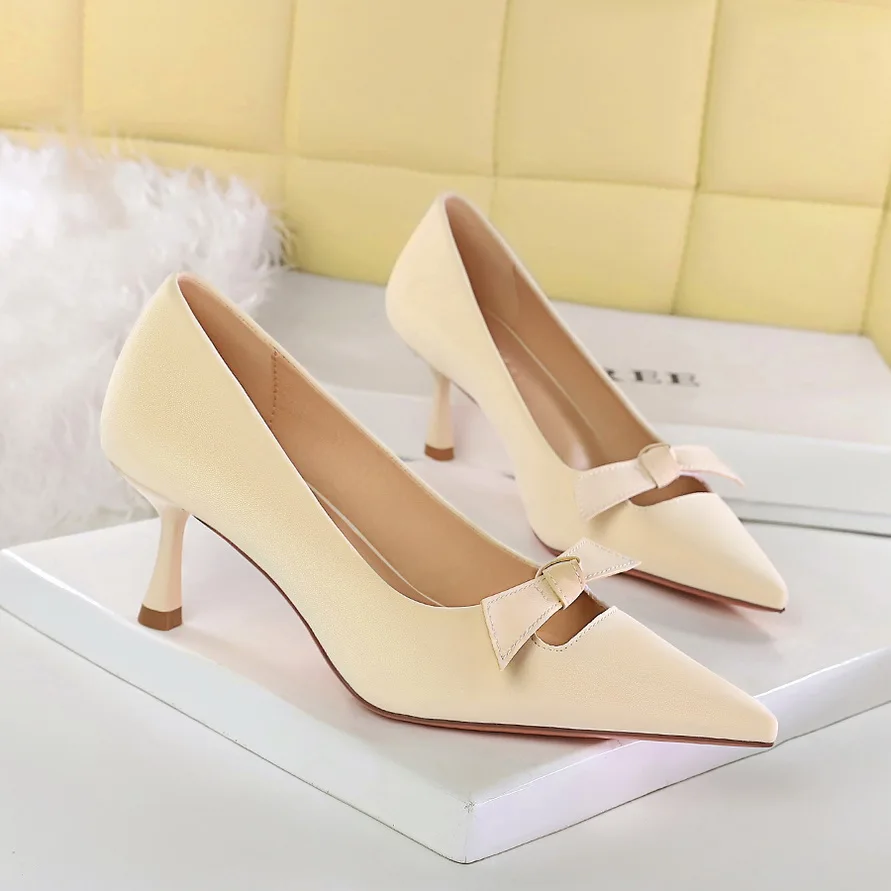 

BIGTREE Fashion High Heels Bow Shallow Lady Women's Pumps Stiletto 6.5cm Microfiber PU Prom Dress High Heeled Shoes Brown Black