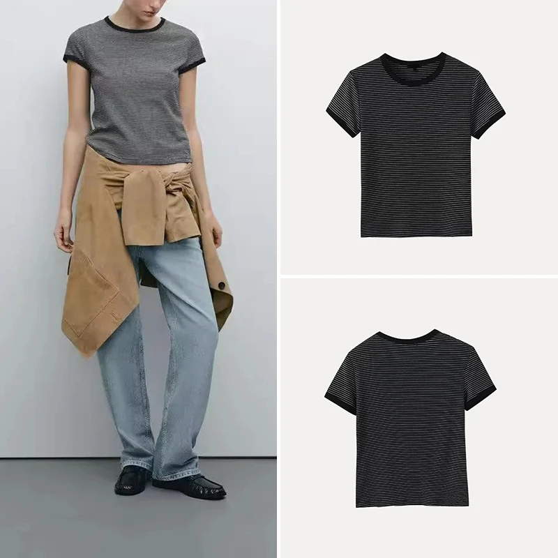 

Spring New Sle Women's Casual College Sle Versatile Striped round Ne ort Sve T-irt Color Blo Design Polyester ...