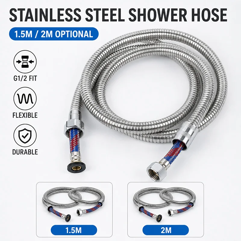 G1/2 Stainless Steel Flexible Shower Hose 1.5M 2M Braided Anti-Tangle Water Pipe for Bathroom Handheld Spray Head Connector Tube