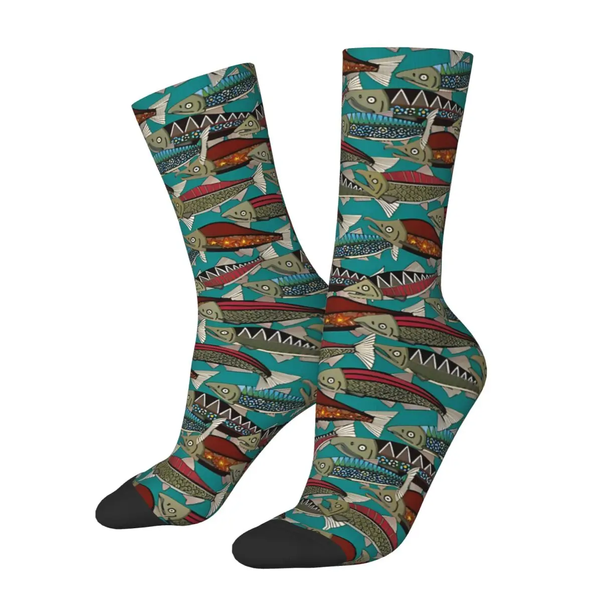 Funny Men's Socks Alaskan Salmon Teal Vintage Hip Hop Casual Crew Sock Gift Pattern Printed