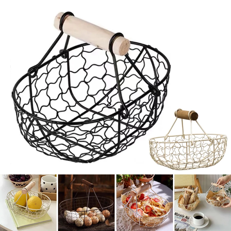 

Egg Vintage Wire Basket with Wooden Handle for Cake Fruits Bread Candy Farmhouse Style Kitchen Countertop Storage Home Decor