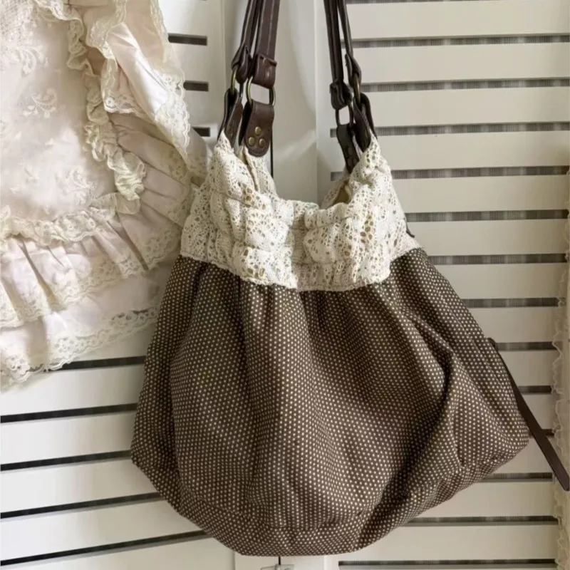 

Японская ретро-сумка-тоут с кружевом для женщин, в стиле Харадзюку, в горошек, большая вместительная сумка через плечо, повседневная универсальная сумка для дам в стиле Харадзюку