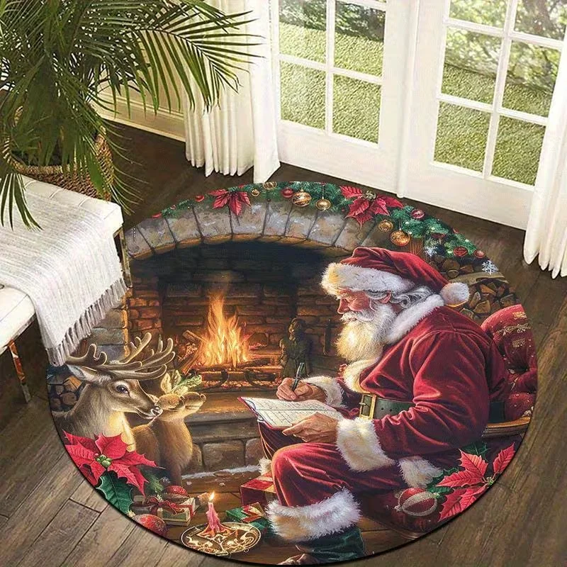 Santa Claus Christmas Round Rug Fireplace Xmas Print Floor Mat Holiday Bedroom Living Room Home Decor Soft Circle Carpet