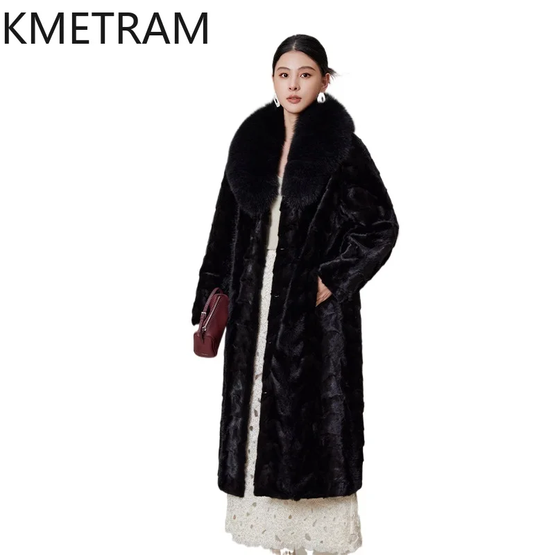 KMETRAM-Chaqueta de piel de visón 100% Natural para mujer, abrigo largo de piel de visón auténtica con cuello de zorro a la moda, ropa de invierno para mujer 2026