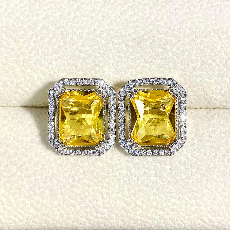 Huitan Square Yellow Cubic Zirconia Stud Earrings for Women Bright Earrings Wedding Party Temperament Elegant Female Accessories