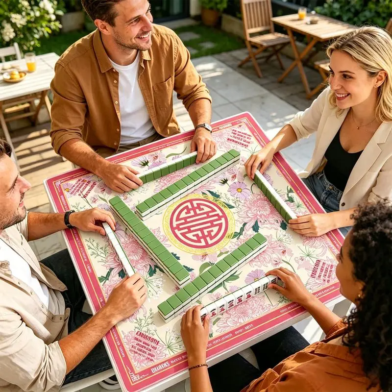 VIKAMA Pink Chrysanthemum Chinese Longevity Mahjong Mat Silent Non Slip Foldable Game Pad Floral Chinoiserie Desktop Decor