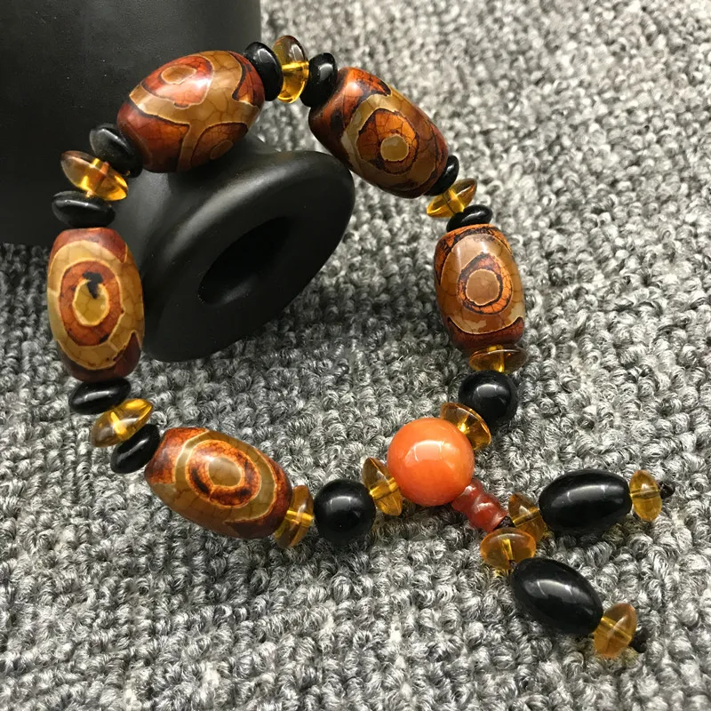 Pulseira Dzi de três olhos de ágata tibetana, velha ágata com cabeça de Buda, estilo Vintage, atacado