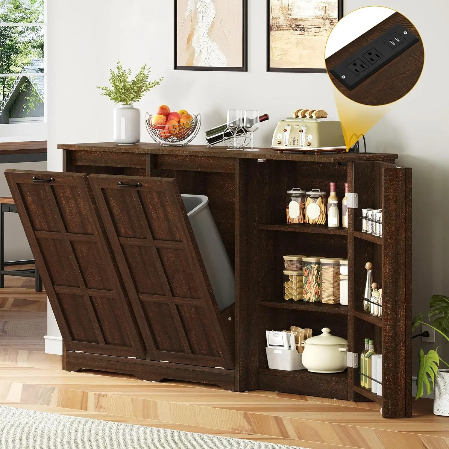 

Dwvo Double Tilt Out Trash Cabinet, Free Standing 13 Gallon Wooden Recycling Cabinet With Outlet/Adjustable Shelves, Kitchen