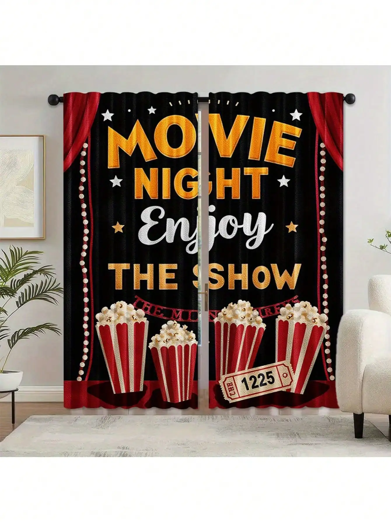 Movie Night Curtain, Popcorn Print Blackout Curtains, Cinema Theme Party Decor, Red Stage Drapes, 2 Panels