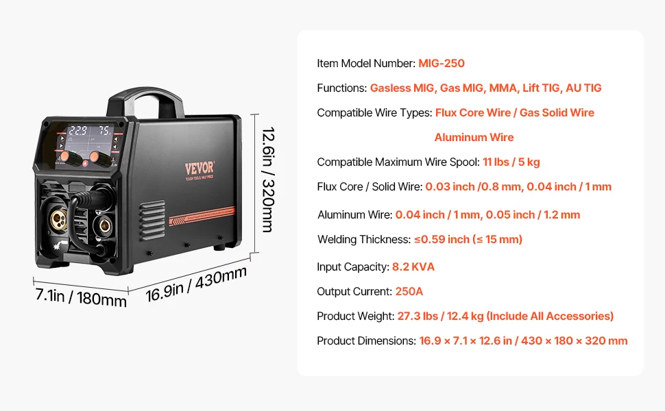 SucceBuy 5-in-1 MIG-lasapparaat 200 Amp Pluse Mig-lasmachine Gas MIG / Flux Core MIG / Stick / Lift TIG / AU TIG met LCD-scherm