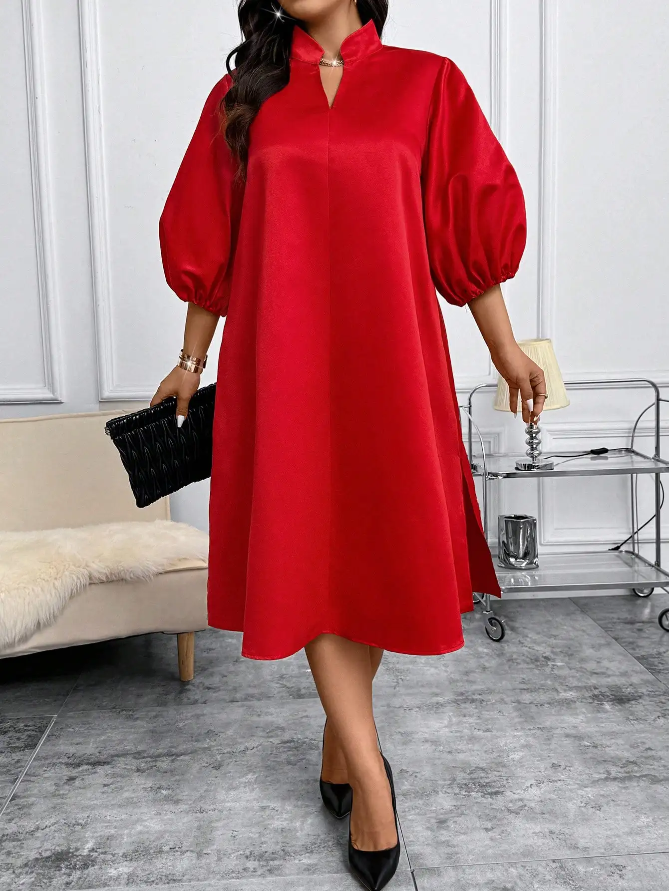 

Red Loose A-Line Dress with Mandarin Collar and Puff Sleeves