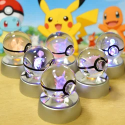 3D Pokemon Crystal Ball 5CM Mewtwo Pikachu Gengar Crystal Glass Pokemon Ball Pokeball Figure Night Light LED Lamp Base Gift