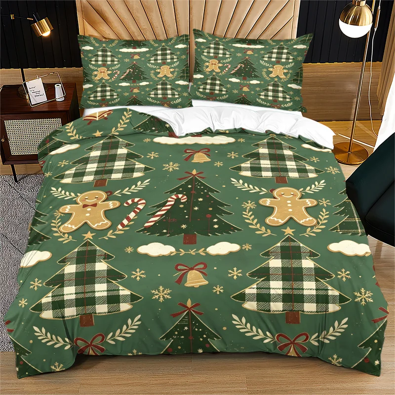 2/3Pcs Christmas Microfiber Duvet Cover Set,Ultra-Soft,Breathable,Skin-Friendly,Durable,Green Plaid Trees Golden Bells Print