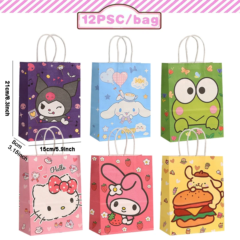 12pcs Sanrio Themed Party Gift Bags with Handle Cute Kitty Melody Kuromi Kraft Bags Shower Kids Bithday Party Favors Bags Decor