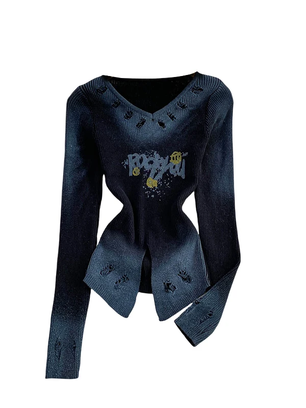 เสื้อไหมพรมถักลายปักสไตล์อเมริกันย้อนยุค คอวี ทรงเข้ารูป ดีไซน์รูฉลุ ลายตัวอักษร แขนยาว สำหรับผู้หญิง ฤดูใบไม้ร่วง ฤดูหนาว