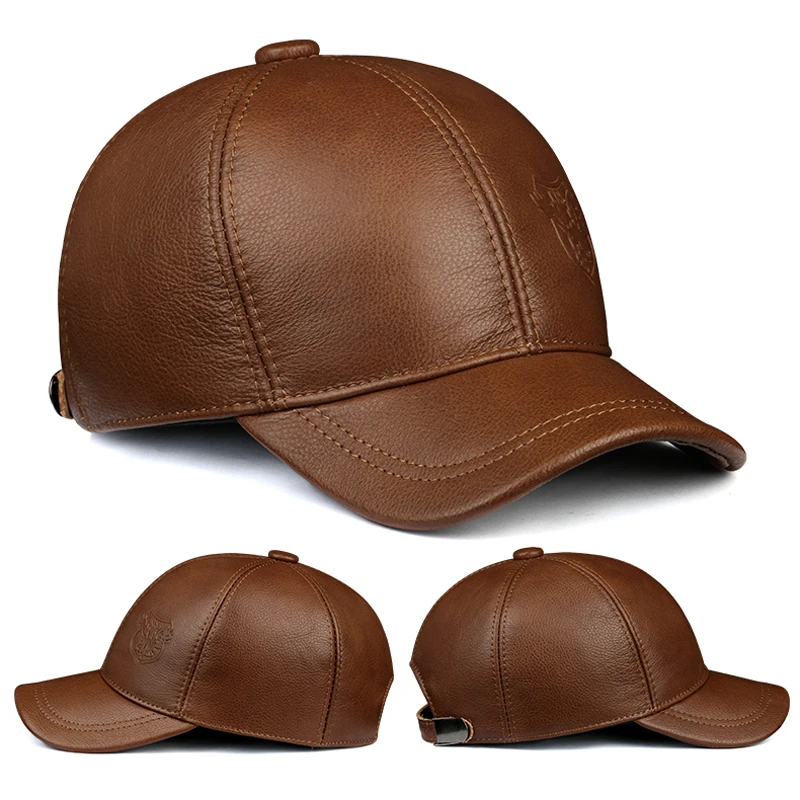 

Warm Hat Man 2024 Winter Genuine Leather Baseball Caps Male Casual Cowhide Belt Ear Protect Sport Hockey Hunt Flight Casquette