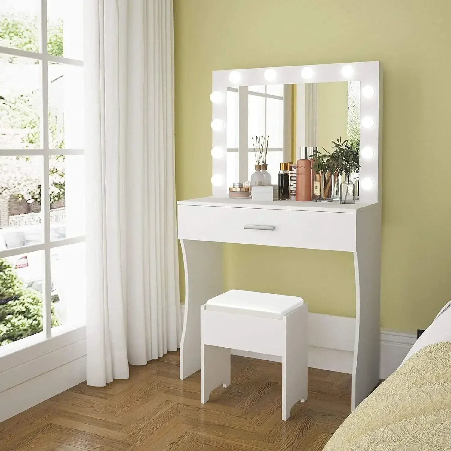 

Vanity Table Set with Lighted Mirror - Makeup Vanity with Lights, Adjustable Brightness, Large Drawer Sturdy Wood Vanity