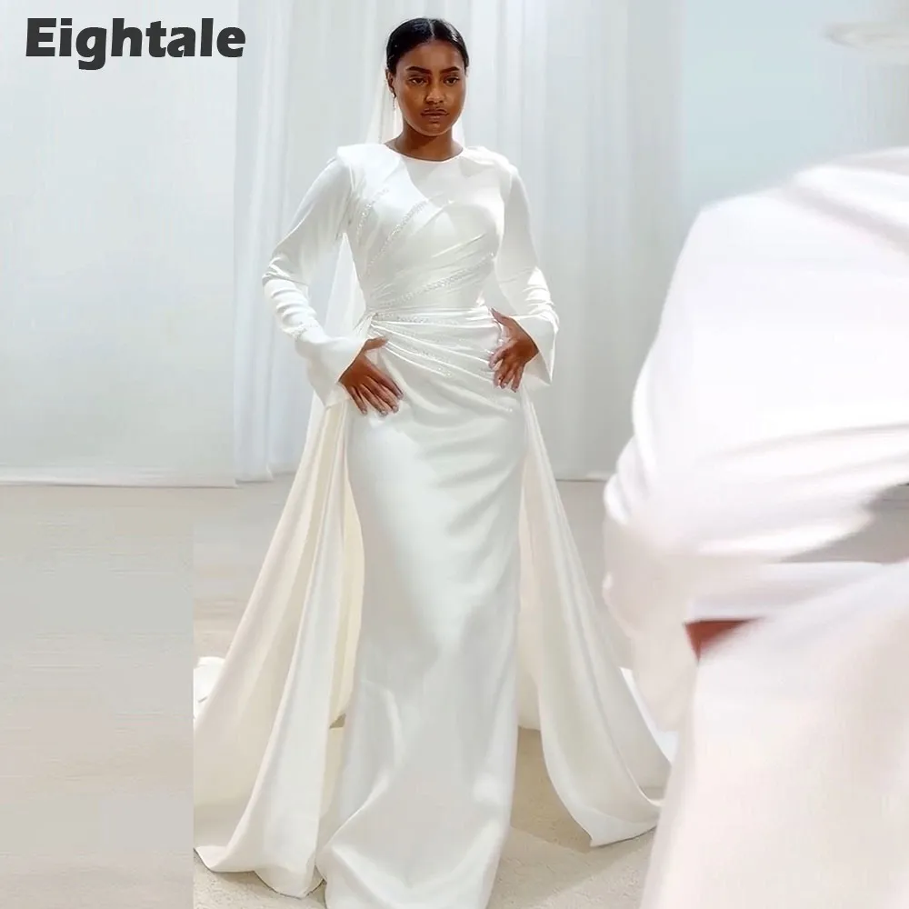 Eightale Arabic Wedding Dress Beaded Pearls O-Neck Customized Satin White Ivory Long Sleeves Muslim Bridal Gown Robe De Mariée